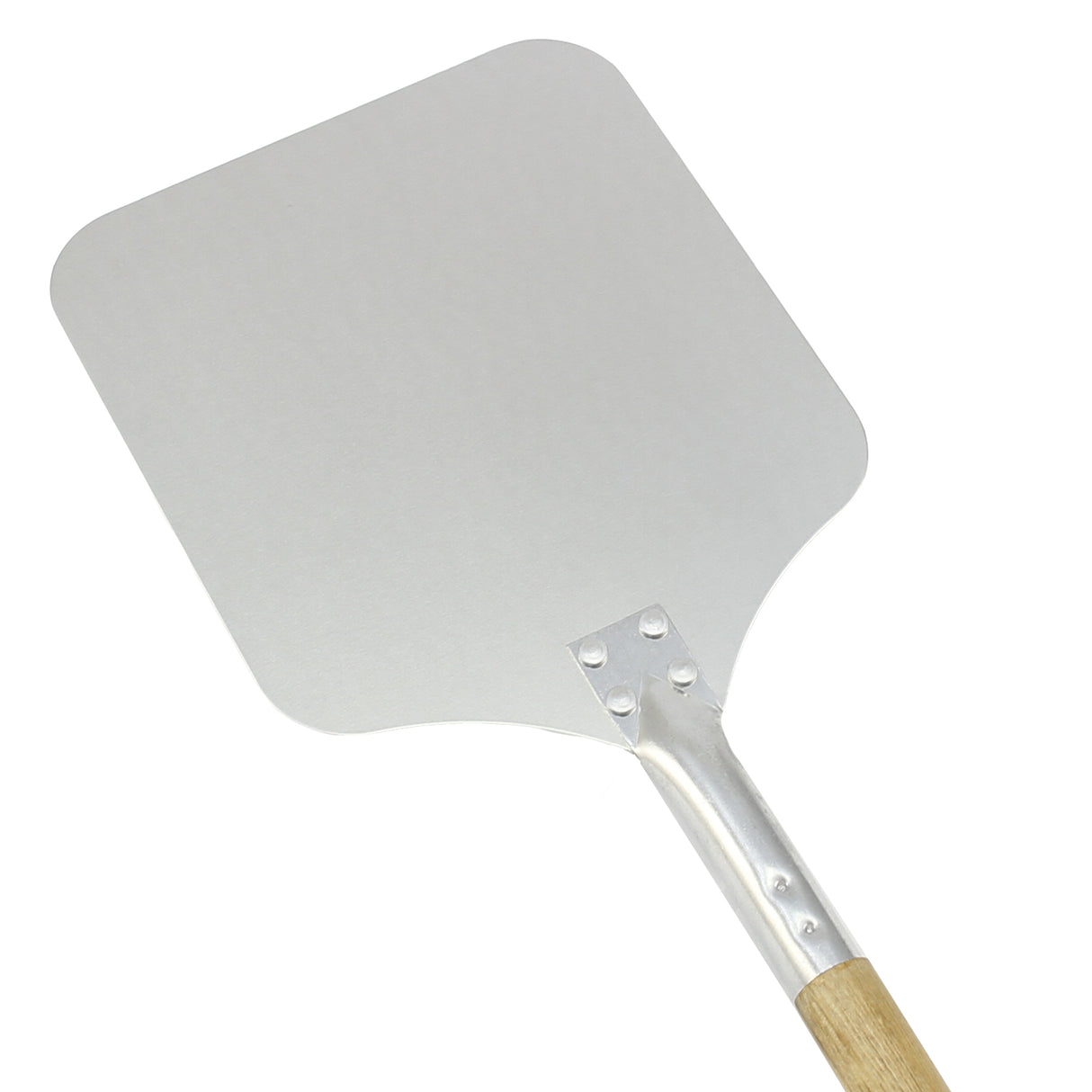 Pala para pizza KuKoo de 22 cm con superficie de aluminio brillante y mango de madera, ideal para hornear y servir pizzas