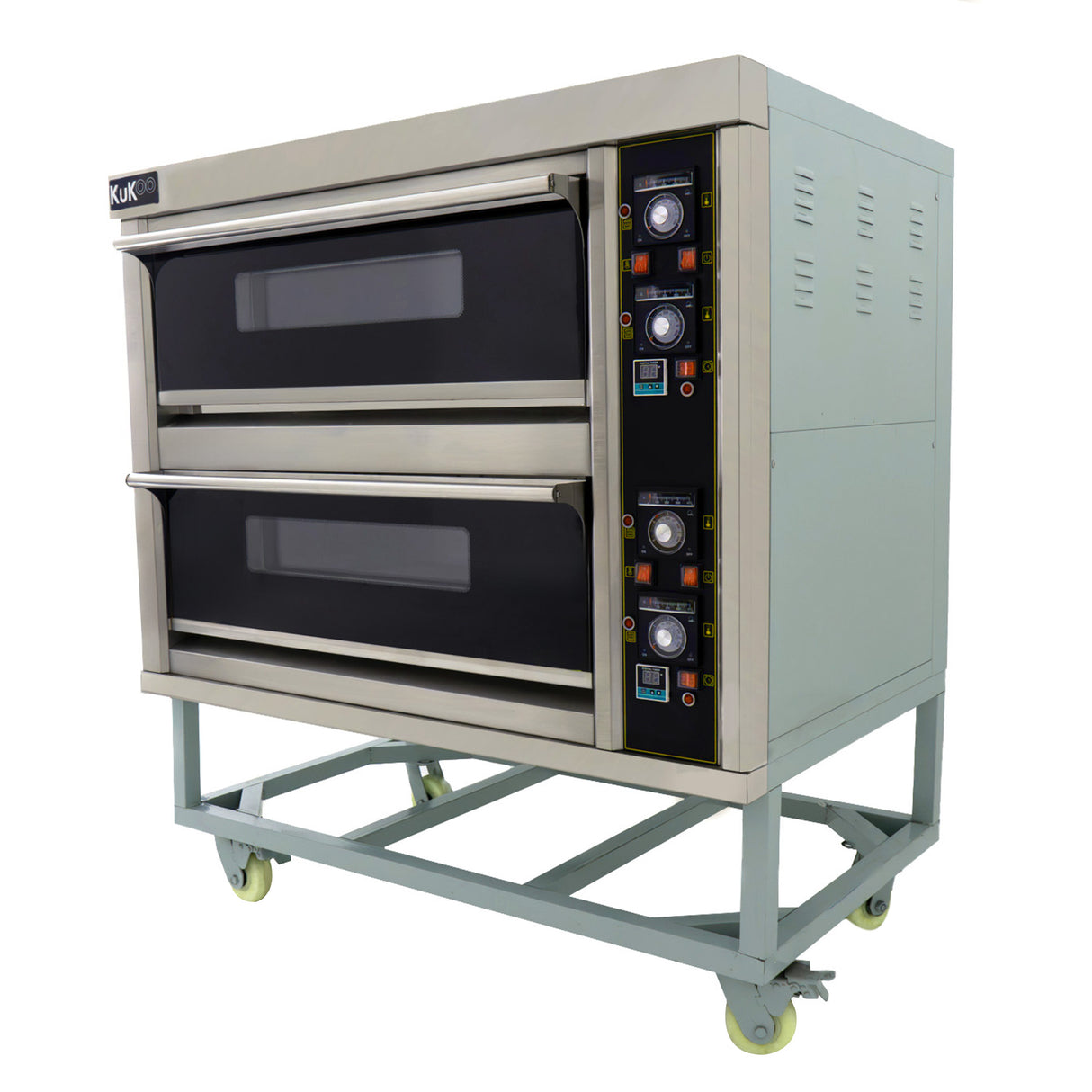 Horno comercial grande para pizza KuKoo de acero inoxidable, con dos compartimentos y controles de temperatura en el lateral