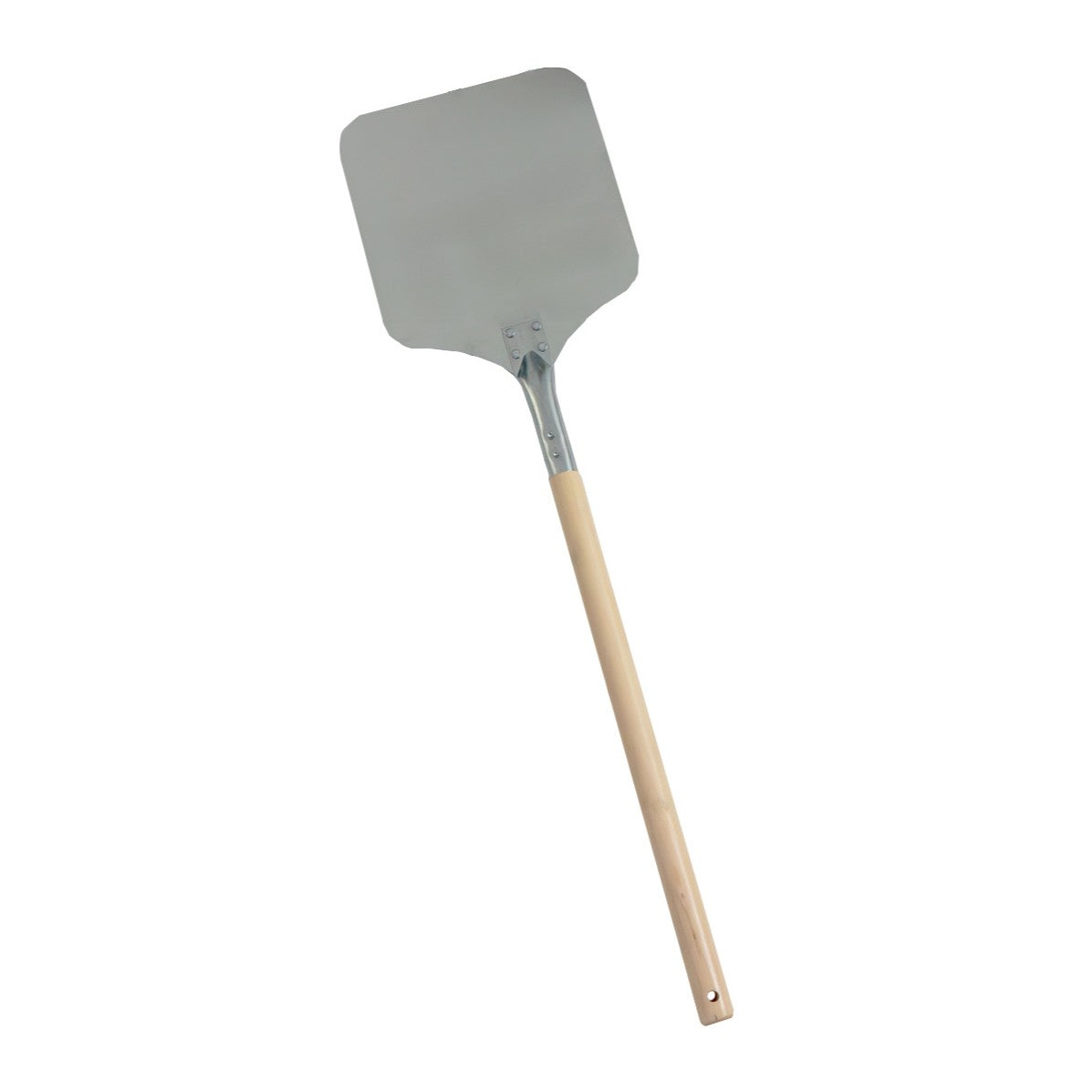 Pala para pizza de metal con mango de madera, diseño rectangular y superficie lisa, ideal para hornear pizzas en horno comercial