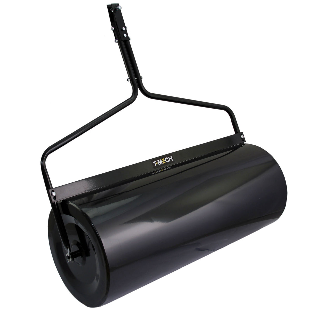Rodillo de jardín remolcable T-Mech de 120 L, con acabado negro brillante, estructura metálica robusta y mango ergonómico para fácil manejo