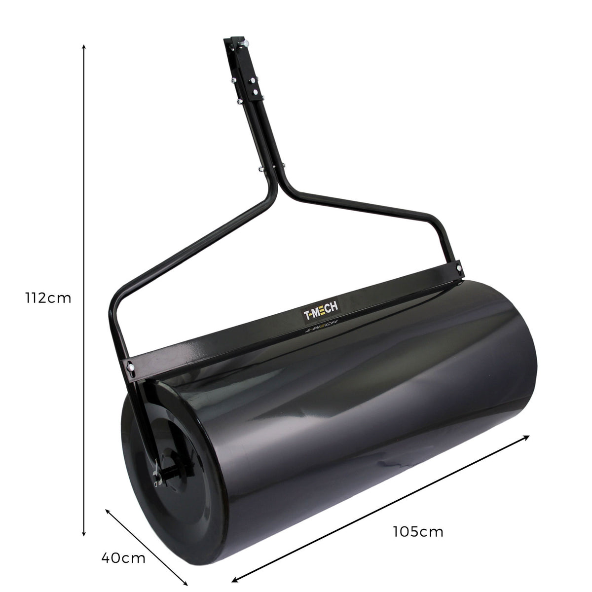 Rodillo de jardín remolcable T-Mech de 120 L, con cilindro negro brillante, estructura metálica resistente y medidas de 112 cm de altura y 105 cm de ancho