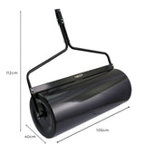 Rodillo de jardín remolcable T-Mech de 120 L, con cilindro negro brillante, estructura metálica resistente y medidas de 112 cm de altura y 105 cm de ancho