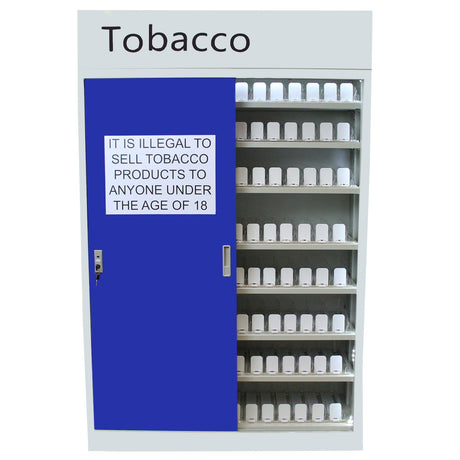 Mueble expositor gris para cigarrillos y vapeadores, con puerta azul y aviso sobre la venta de productos de tabaco a menores de 18 años