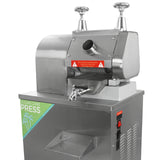 Máquina exprimidora de caña de azúcar de acero inoxidable, con diseño moderno, botones de control y salida para jugo en la parte frontal