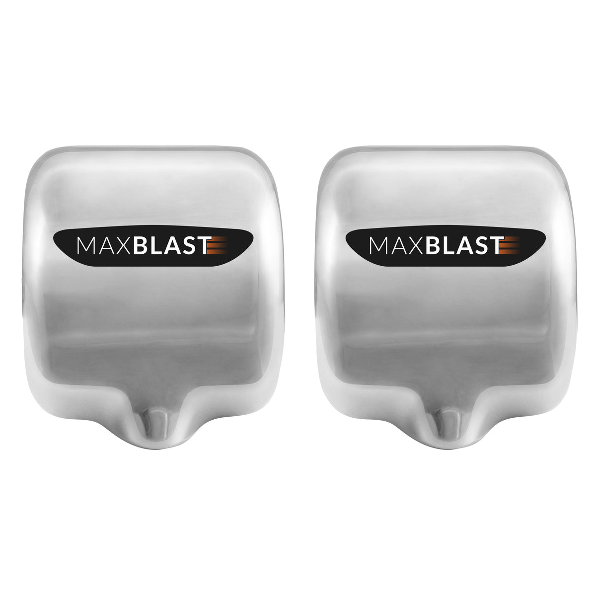 Secadores de manos comerciales MAXBLAST en acabado plateado brillante, diseño moderno y compacto, ideales para baños públicos