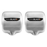 Secadores de manos comerciales MAXBLAST en acabado plateado brillante, diseño moderno y compacto, ideales para baños públicos