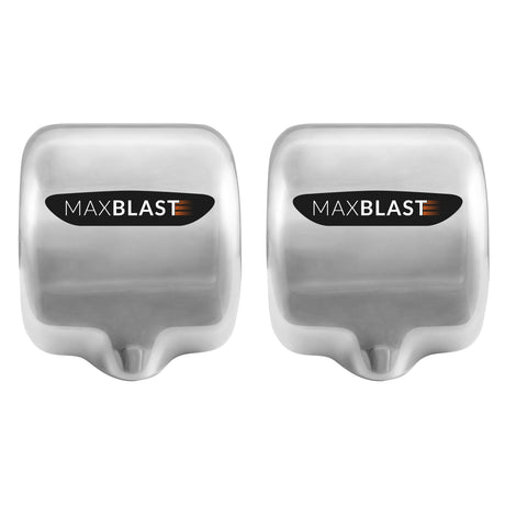 Secadores de manos comerciales MAXBLAST en acabado plateado brillante, diseño moderno y compacto, ideales para baños públicos