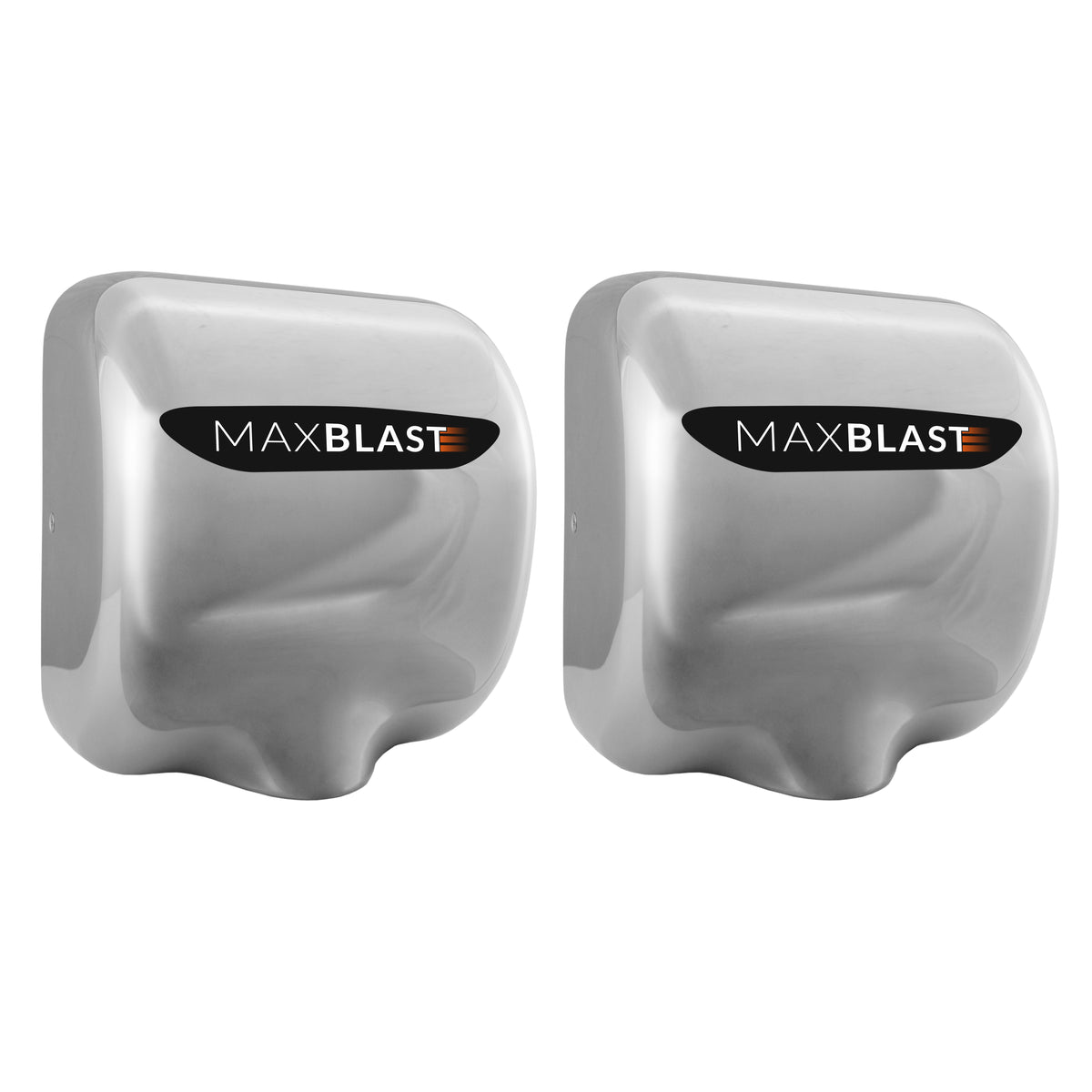 Secadores de manos comerciales MAXBLAST en acabado plateado brillante, diseño moderno y compacto, ideales para baños públicos