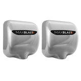 Secadores de manos comerciales MAXBLAST en acabado plateado brillante, diseño moderno y compacto, ideales para baños públicos