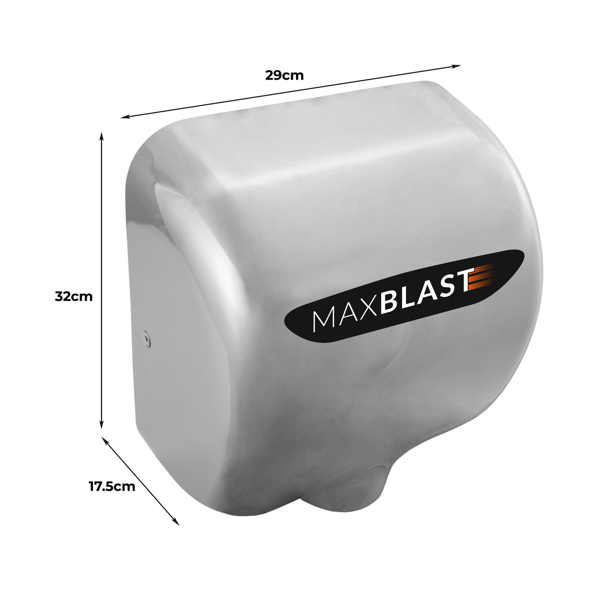 Secador de manos comercial MAXBLAST en acabado metálico brillante, dimensiones 29x32x17.5 cm, diseño moderno y eficiente