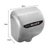Secador de manos comercial MAXBLAST en acabado metálico brillante, dimensiones 29x32x17.5 cm, diseño moderno y eficiente