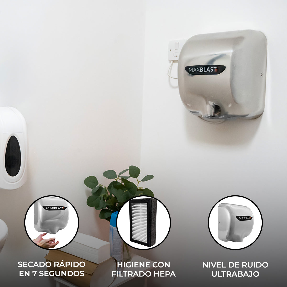 Secador de manos comercial MAXBLAST en color plateado, con diseño moderno y compacto, ideal para baños públicos y de alto tráfico