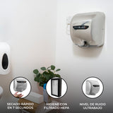 Secador de manos comercial MAXBLAST en color plateado, con diseño moderno y compacto, ideal para baños públicos y de alto tráfico