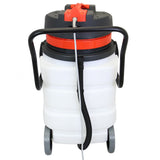 Aspirador industrial de sólidos y líquidos de 90 L, con cuerpo blanco, tapa negra y detalles rojos, ruedas para fácil movilidad
