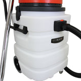 Aspirador industrial de sólidos y líquidos de 90 L, con cuerpo blanco, detalles en negro y rojo, y manguera flexible para fácil uso
