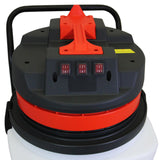 Aspirador industrial de sólidos y líquidos de 90 L, con diseño robusto, color negro y detalles en rojo, botones de encendido iluminados