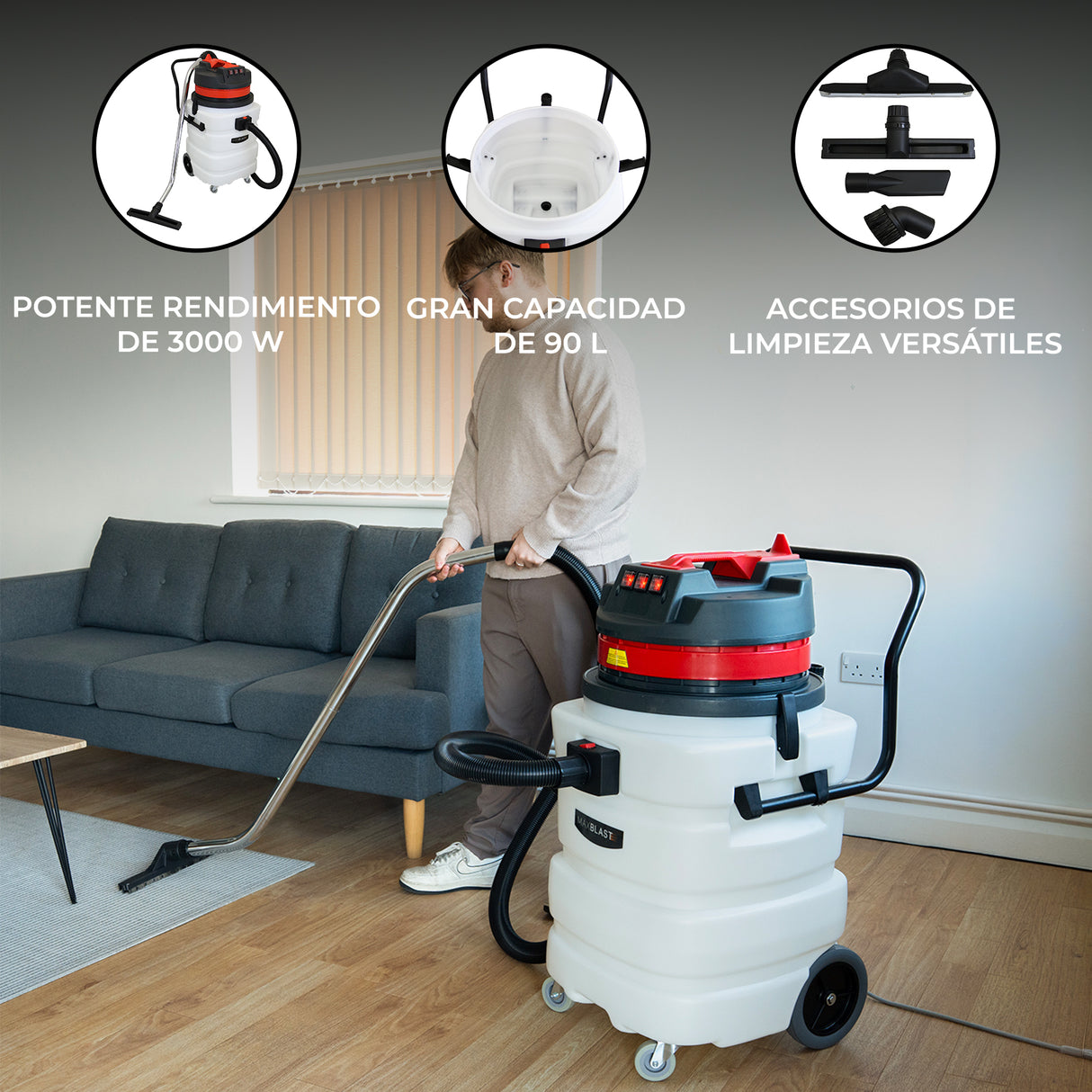 Aspiradora de 90 L con potente motor de 3000 W, manguera negra y accesorios versátiles, sobre un suelo de madera clara