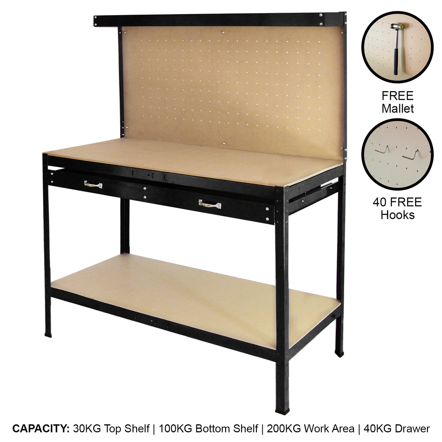 Banco de Trabajo Mesa de Trabajo Ganchos de Mesa Taller de Cajones Negro