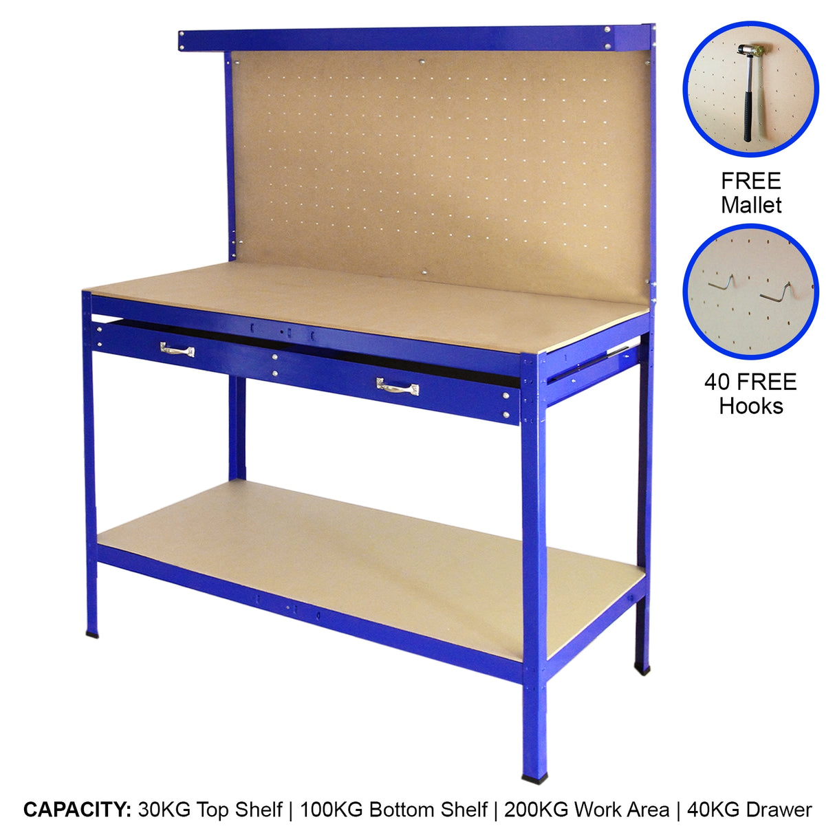 Banco de Trabajo Mesa de Trabajo Ganchos de Mesa Taller de Cajones Azul