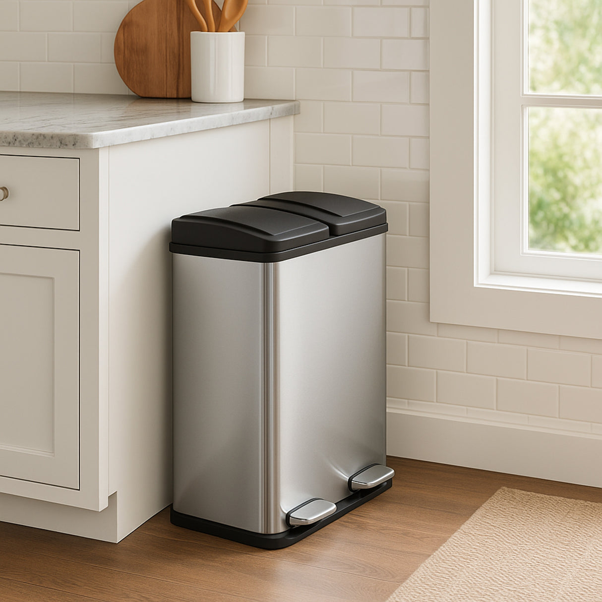 Cubo de Basura con Pedal  Doble 2x30L Reciclaje, Plata