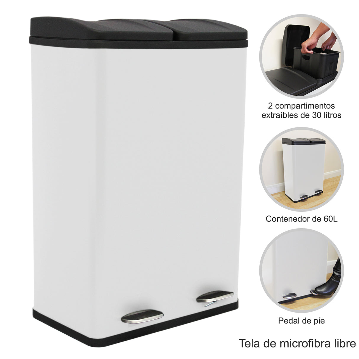 Cubo de Basura con Pedal  Doble 2x30L Reciclaje, Blanco