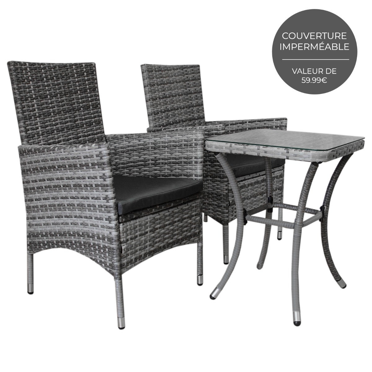 Bistro Set Ratán 3 Piezas Silla de Jardín al Aire Libre Mesa Patio Comedor Balcón Gris
