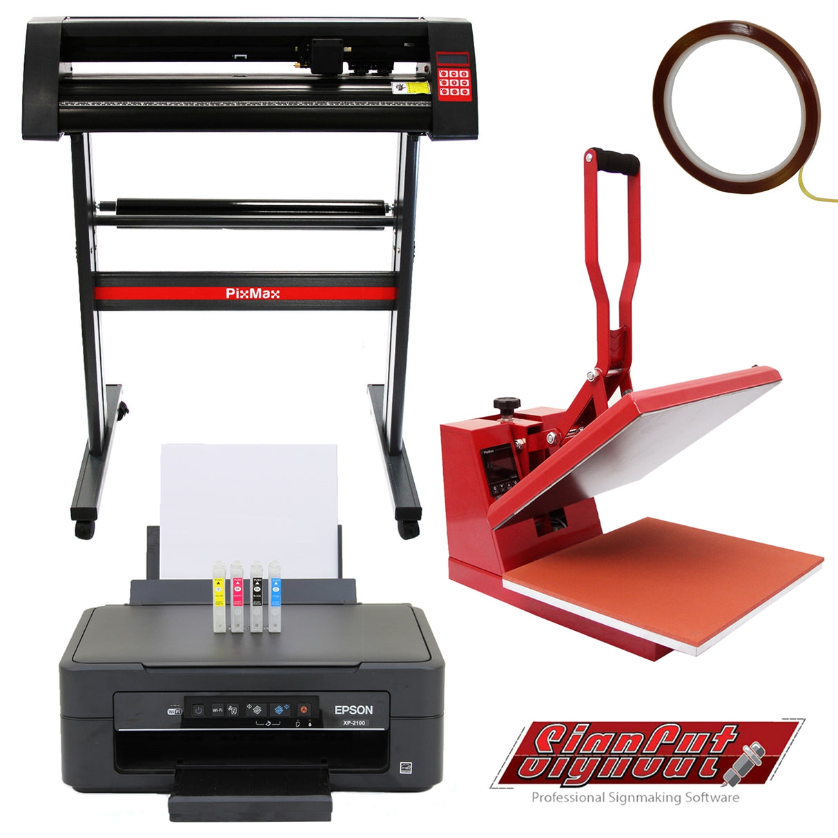 Prensa Térmica Tipo Almeja de 38cm, Cortador de Vinilo de 720mm + Impresora Epson