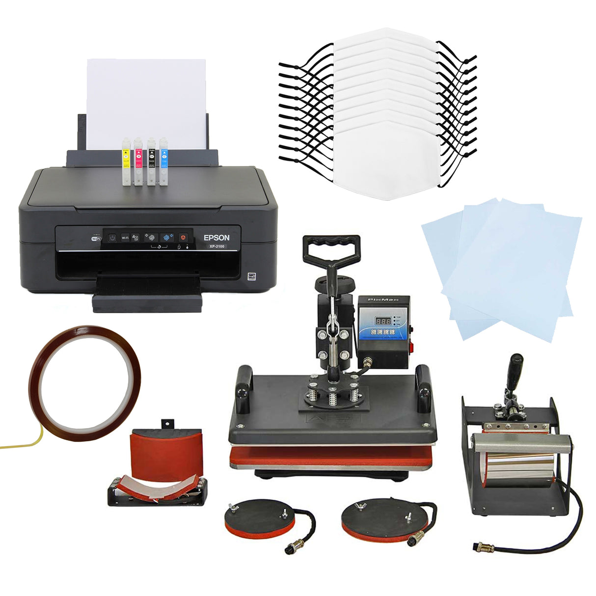 10 Mascarillas para Sublimación Set Máquina de Prensa de Calor  5 en 1 e Impresora Epson