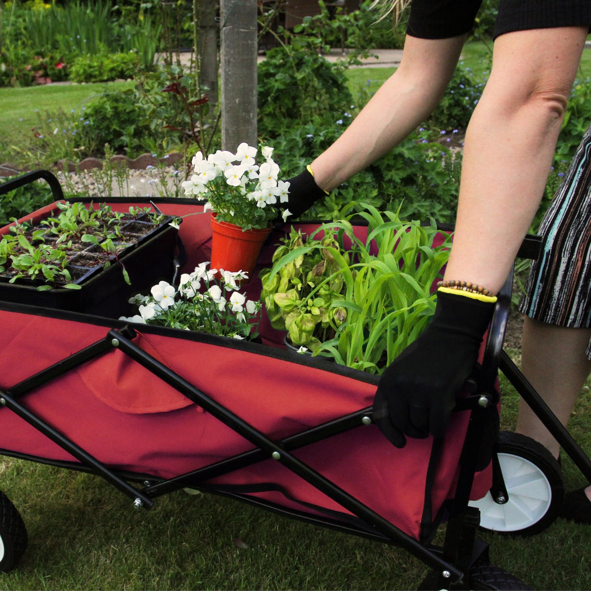 Carretilla de Jardín Plegable Roja para Jardinería con Funda Impermeable