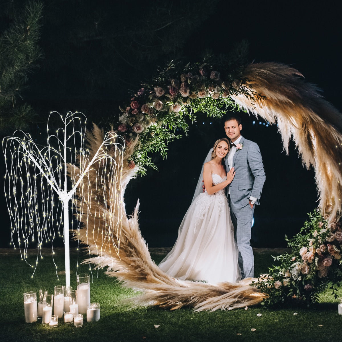 Arco de Boda – Plateado y 1 x Sauce llorón de 180cm con Luces Blancas Cálidas