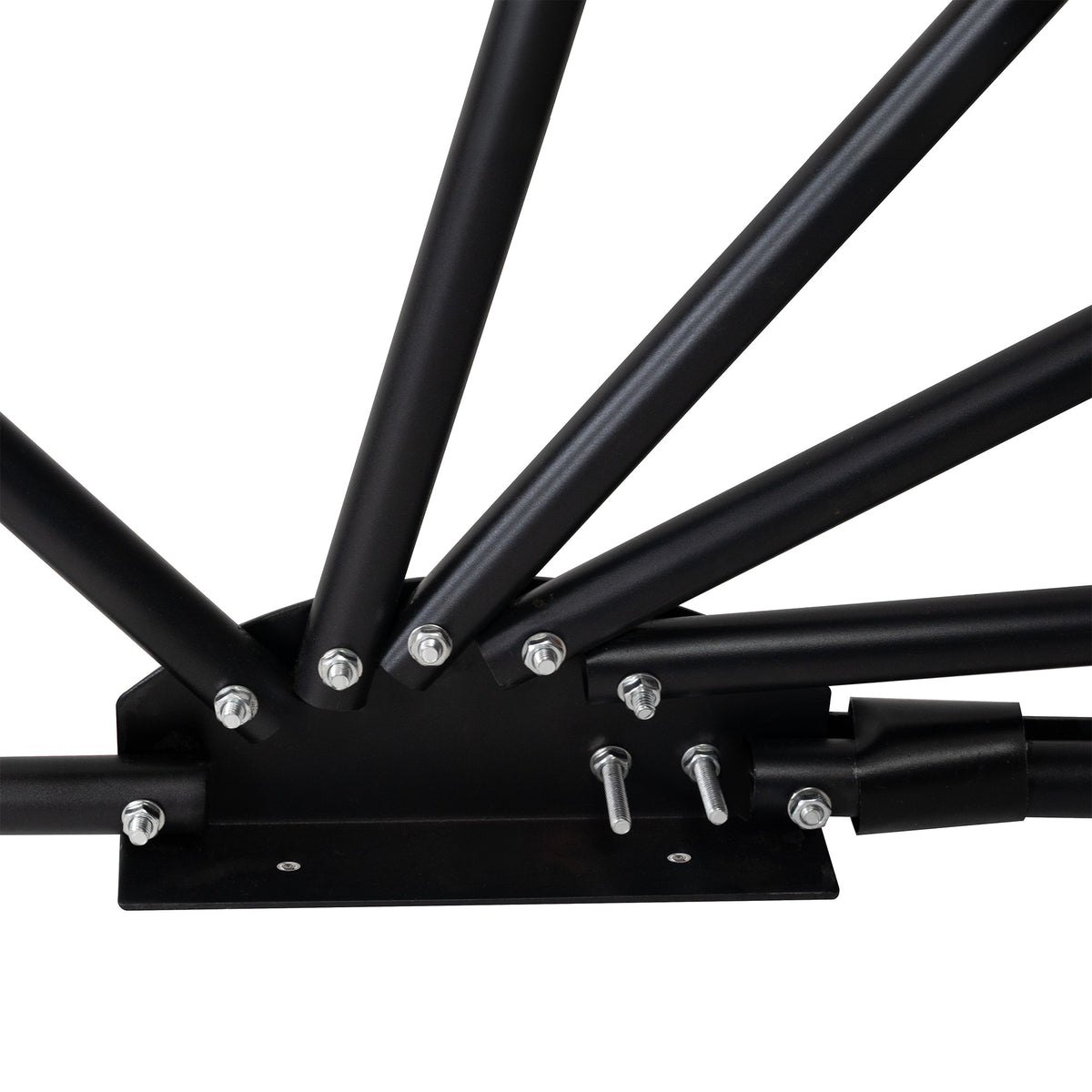 Estructura metálica negra del garaje plegable para moto, con tubos robustos y tornillos visibles, ideal para almacenamiento seguro