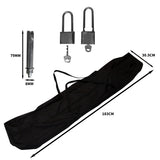Garaje plegable para moto en color negro, incluye candados y bolsa de transporte, con medidas de 183 cm x 30.5 cm x 79 mm