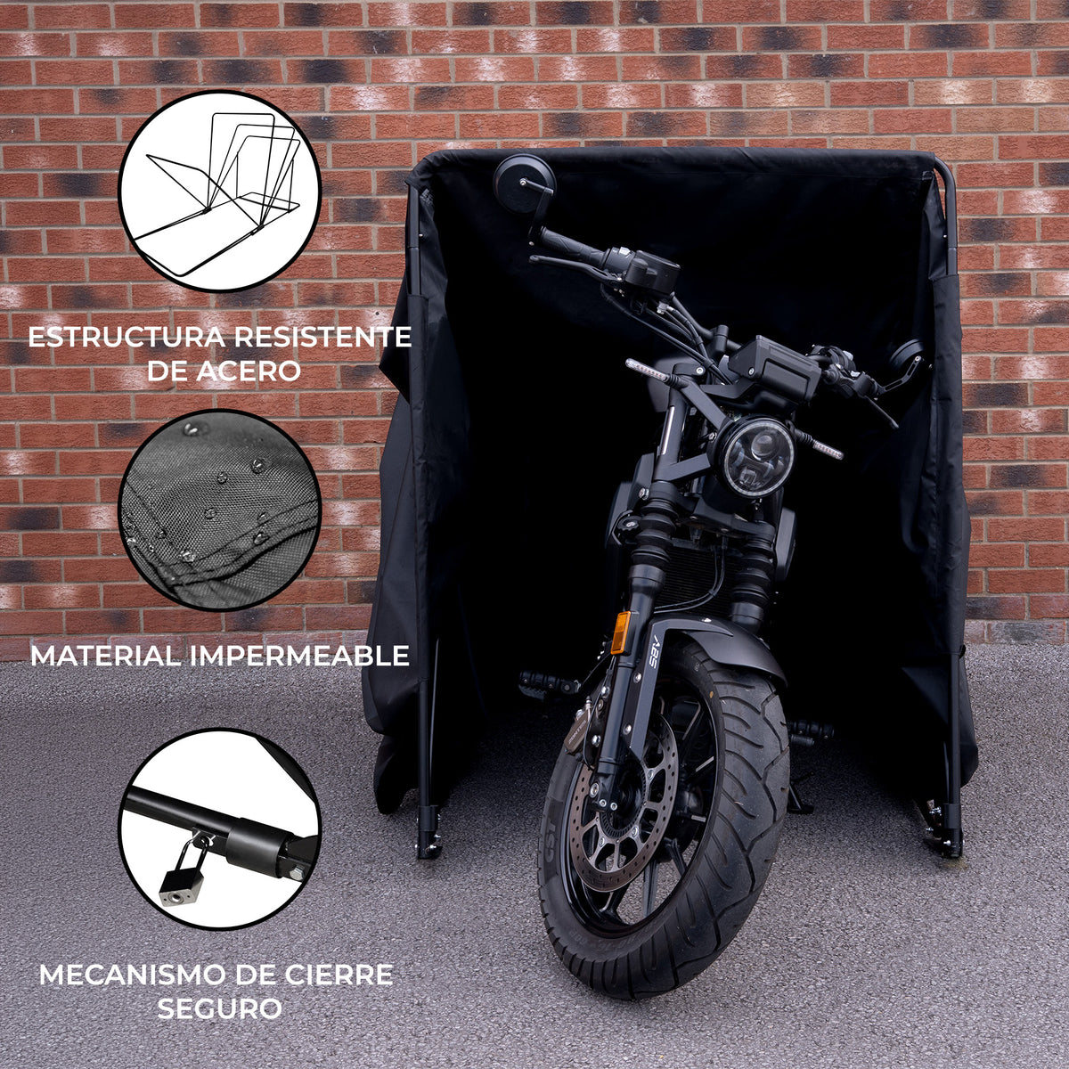 Garaje plegable mediano para moto en color negro, con estructura de acero, material impermeable y mecanismo de cierre seguro