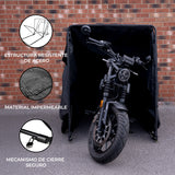 Garaje plegable mediano para moto en color negro, con estructura de acero, material impermeable y mecanismo de cierre seguro