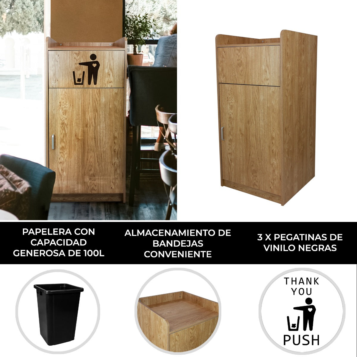 Papelera de Madera de Roble Claro y Soporte de Bandeja