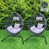 2 Sillas Huevo Banco Colgante de Ratán Patio Exterior Interior Negra | con Cojines