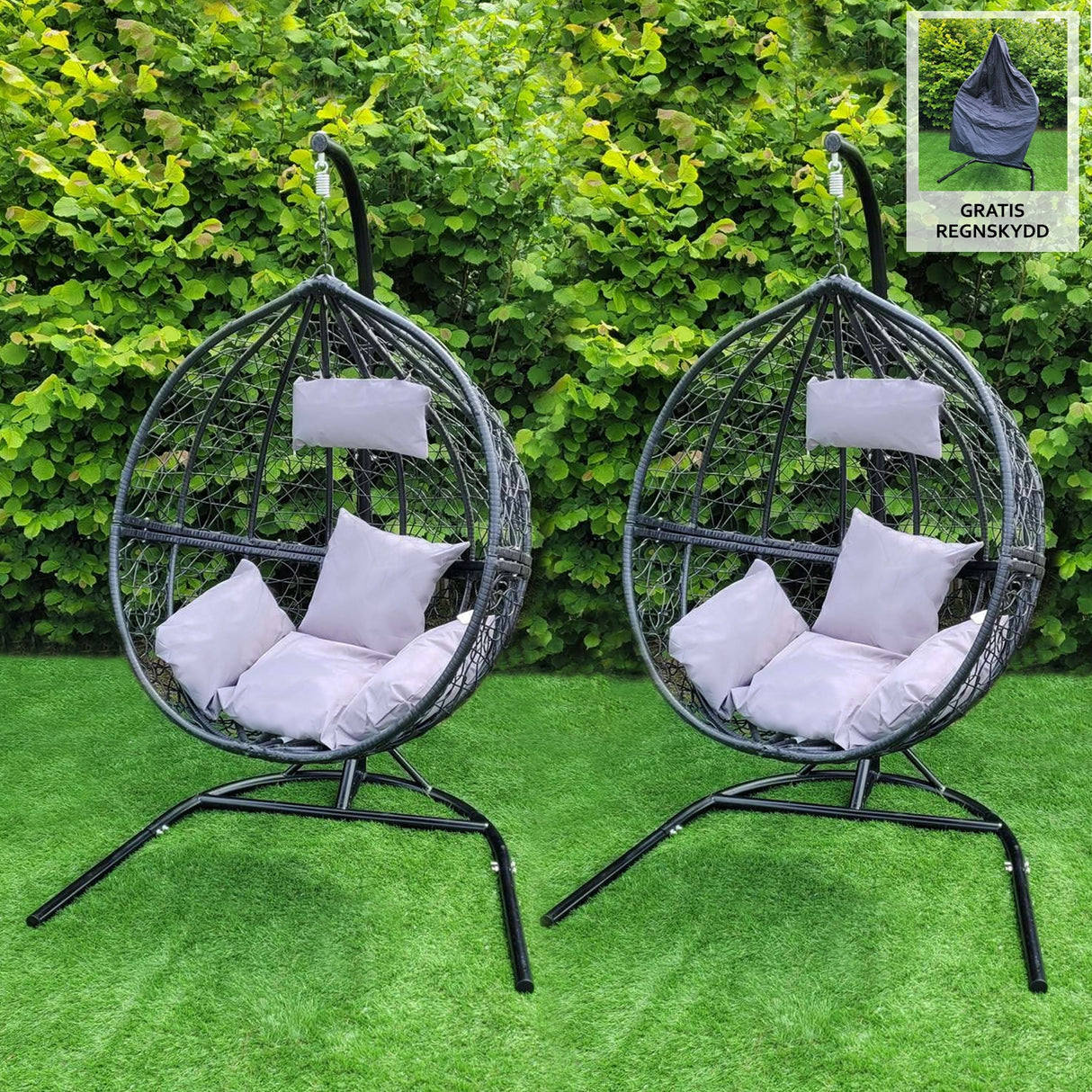 2 Sillas Huevo Banco Colgante de Ratán Patio Exterior Interior Negra | con Cojines