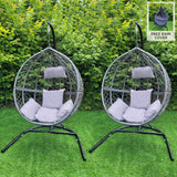 2 Sillas Huevo Banco Colgante de Ratán Patio Exterior Interior Gris | con Cojines