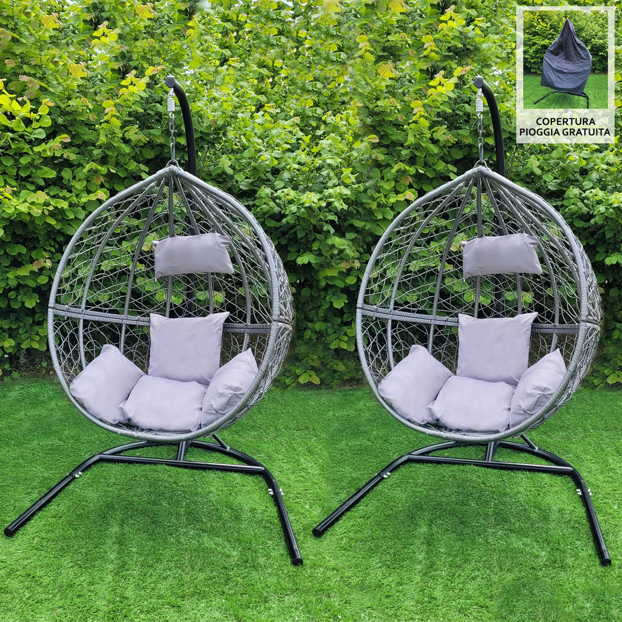 2 Sillas Huevo Banco Colgante de Ratán Patio Exterior Interior Gris | con Cojines