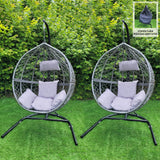 2 Sillas Huevo Banco Colgante de Ratán Patio Exterior Interior Gris | con Cojines