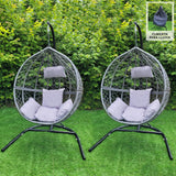 2 Sillas Huevo Banco Colgante de Ratán Patio Exterior Interior Gris | con Cojines