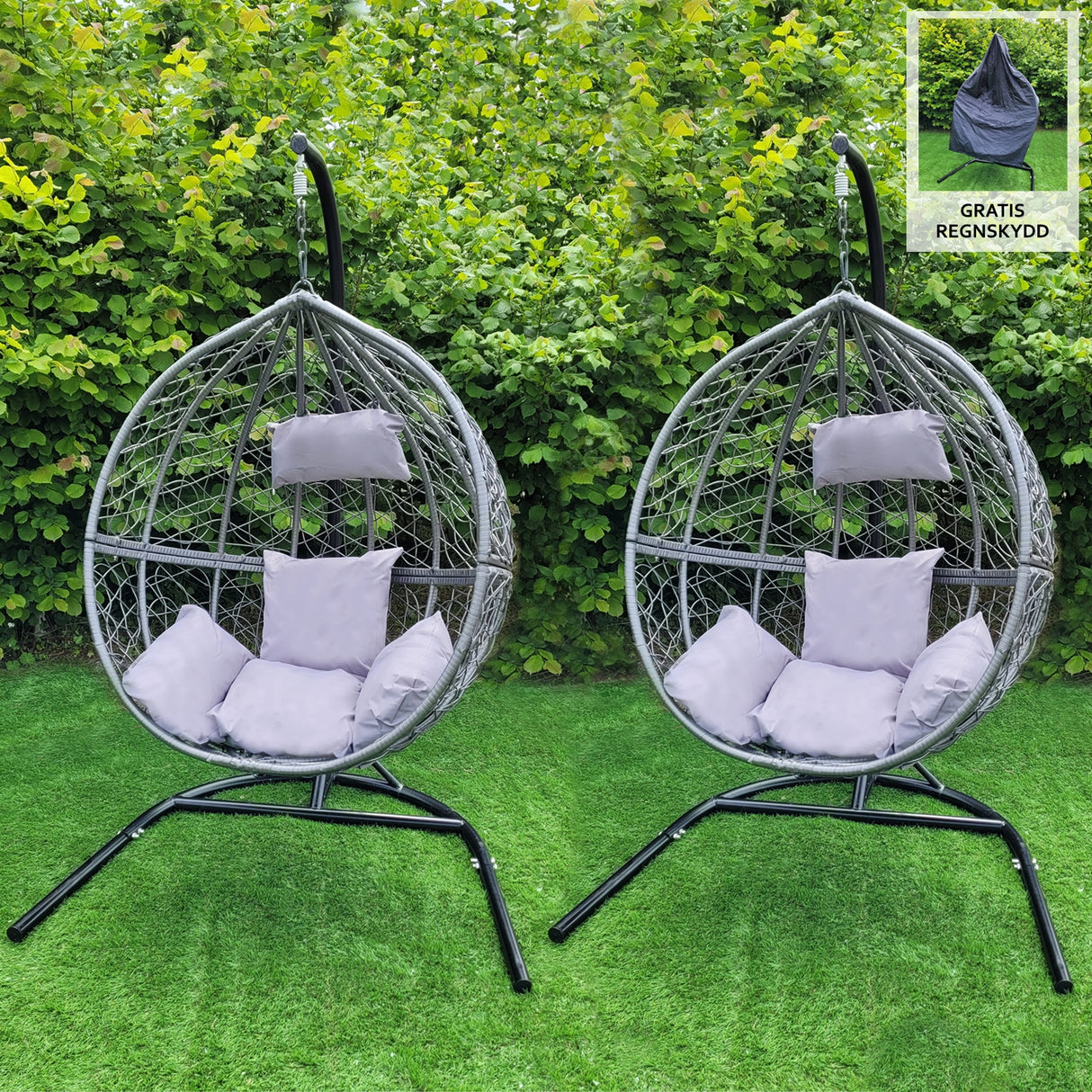 2 Sillas Huevo Banco Colgante de Ratán Patio Exterior Interior Gris | con Cojines