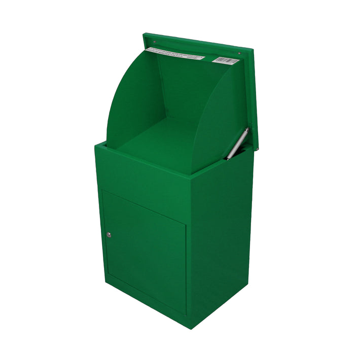 Buzón de metal verde brillante con forma curva en la parte superior, puerta frontal y ranura para cartas, ideal para exteriores