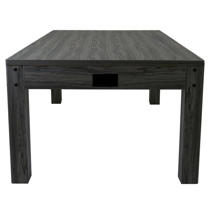Mesa de comedor rectangular de madera en tonos gris oscuro, con textura lisa y un diseño moderno y minimalista, ideal para cualquier espacio