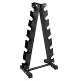 Rack de mancuernas de 6 niveles en color negro, con estructura metálica robusta y diseño en forma de triángulo para estabilidad