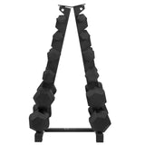Rack de mancuernas de 6 niveles en color negro, con diseño triangular y superficie texturizada para un agarre seguro y estable