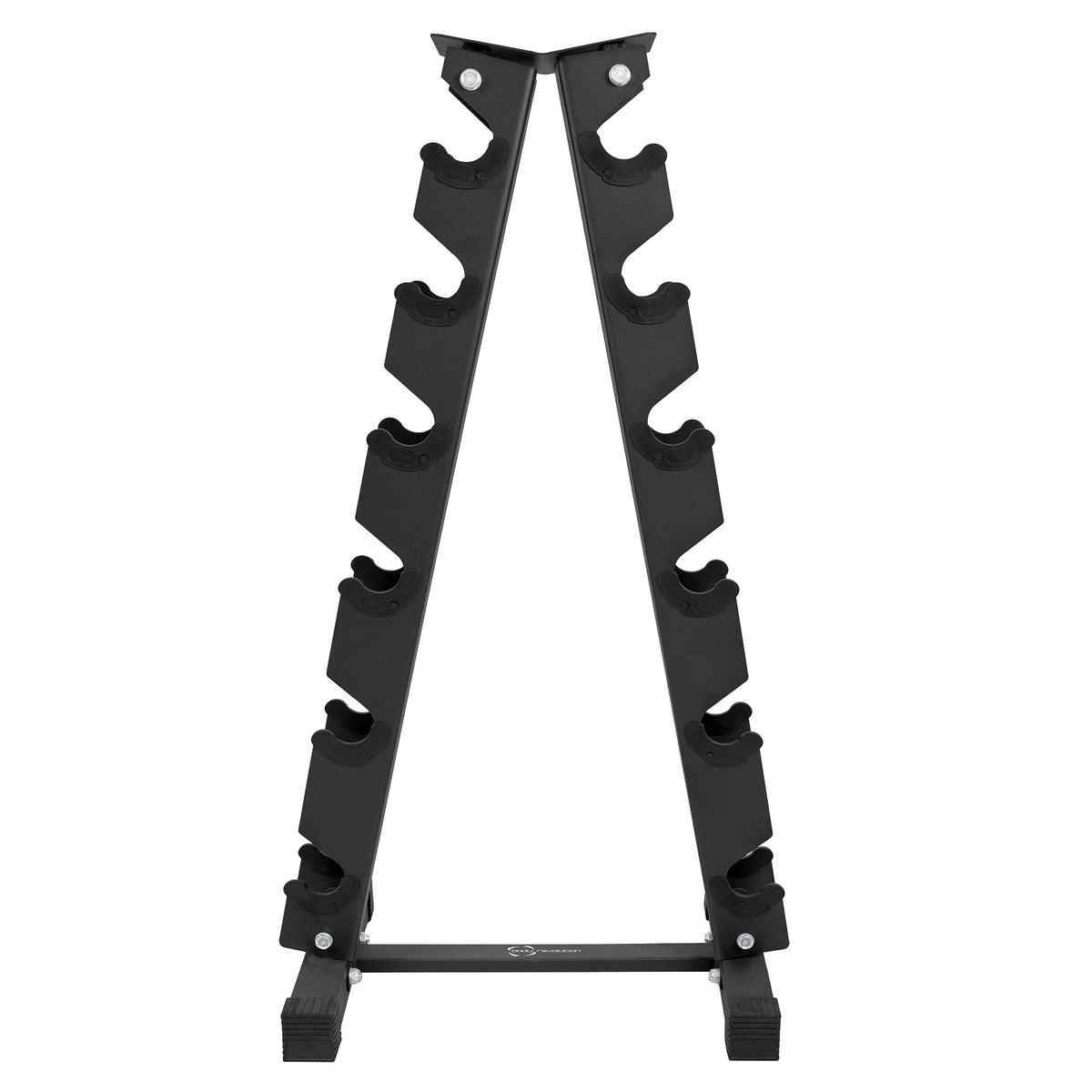 Rack de mancuernas de 6 niveles en color negro, con diseño triangular y soportes de goma para estabilidad y protección del suelo