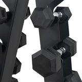 Rack de mancuernas de 6 niveles en color negro, con pesas hexagonales de goma, diseño robusto y estructura metálica resistente