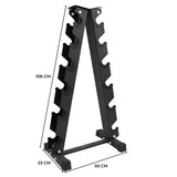 Rack de mancuernas negro de 6 niveles, con diseño triangular, dimensiones de 106 cm de altura y 50 cm de ancho, ideal para gimnasio
