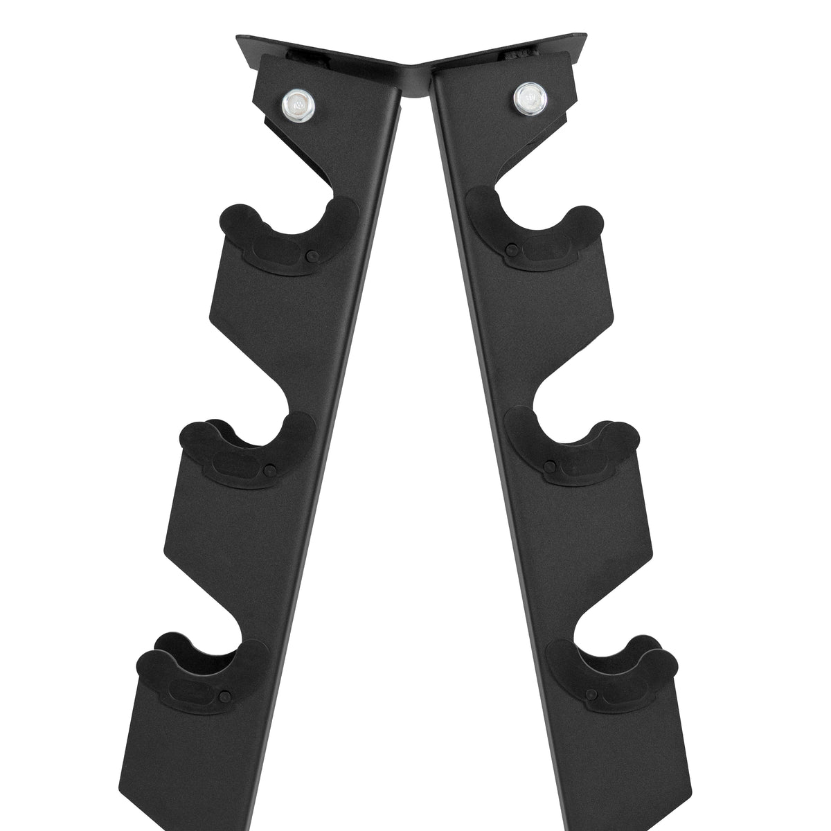 Rack de mancuernas de 6 niveles en color negro, con diseño robusto y soportes de goma para estabilidad y protección de las pesas